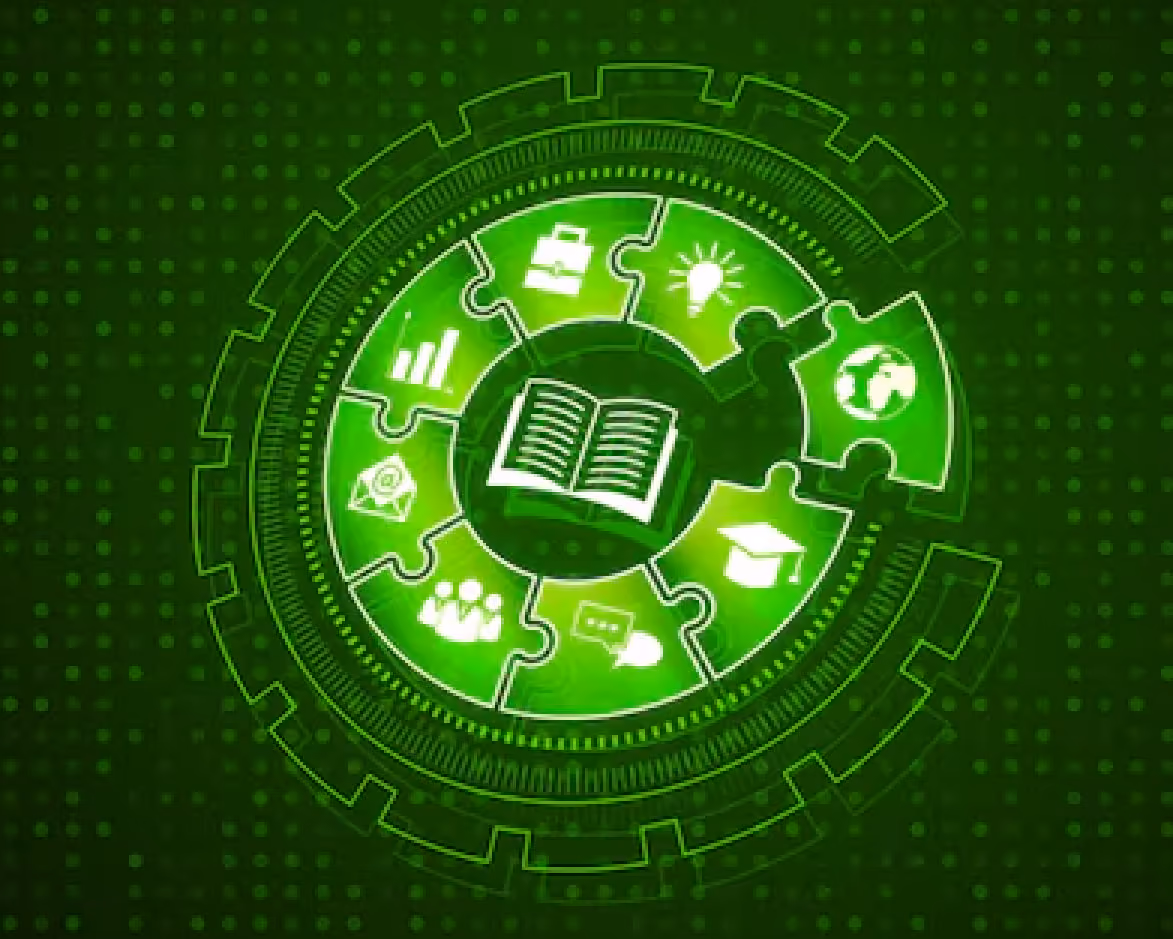Green circular gear-like graphic with a central open book icon surrounded by seven interconnected puzzle pieces featuring icons of a briefcase, light bulb, globe, graduation cap, speech bubbles, group of people, and bar chart.