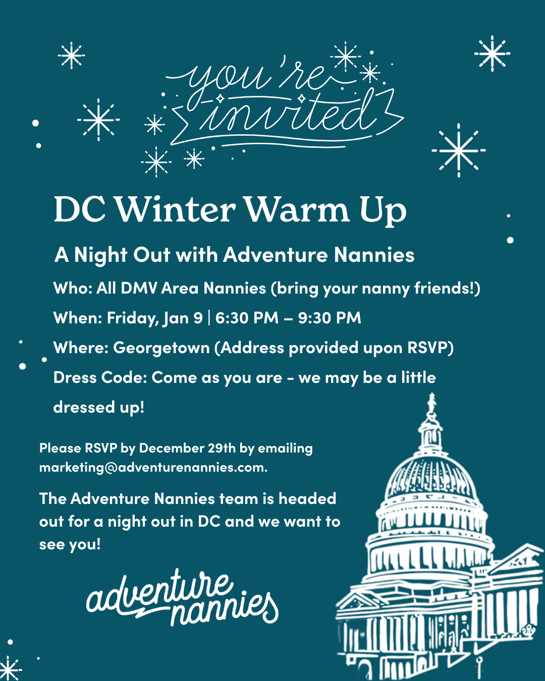 Invitation for DC Winter Warm Up event with Adventure Nannies on January 9, 6:30-9:30 PM in Georgetown. RSVP by December 29th via email.