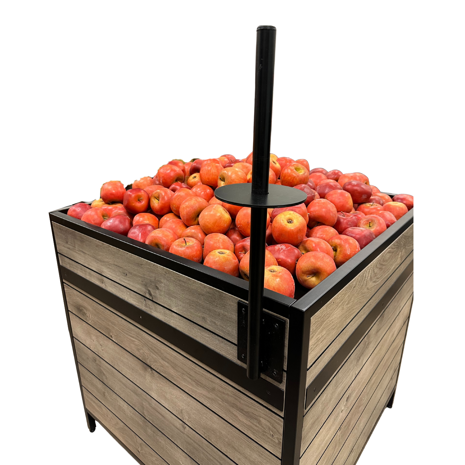 Black metal produce bag holder attachment mounted on display bin, designed to hold roll-style produce bags for easy customer access.