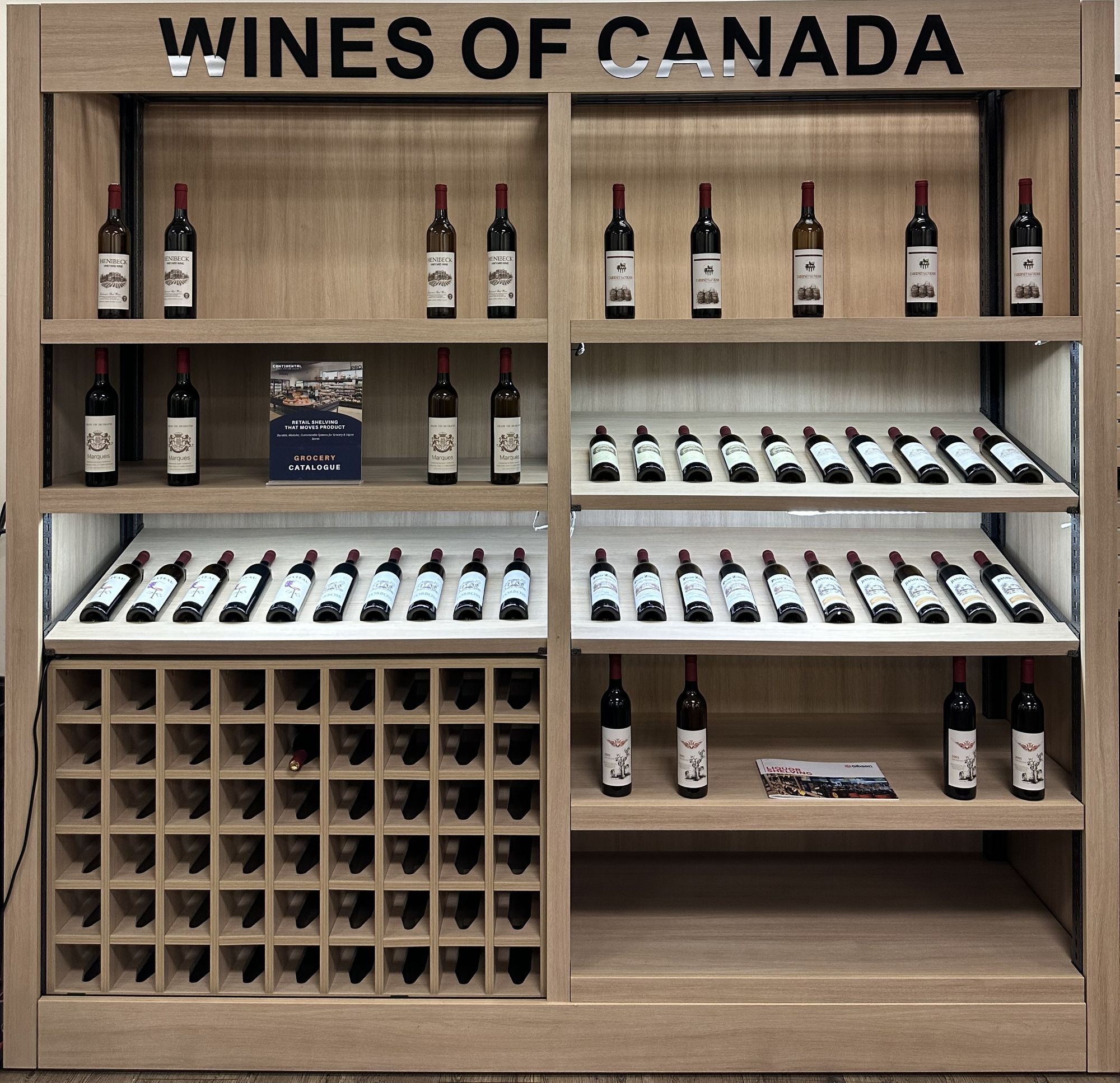 Wine and Liquor millwork displays on heavy-duty M-Line shelving