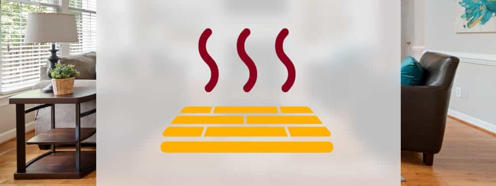 Ein Icon einer Fußbodenheizung mit Wohnung im Hintergrund