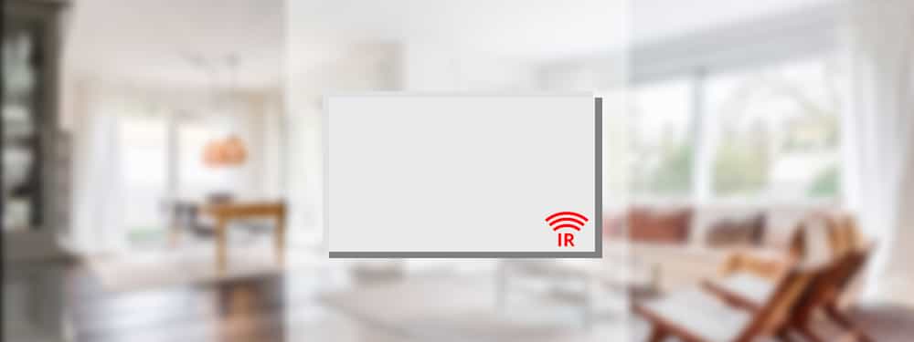 Icon einer Infrarotheizung mit einem Wohnzimmer im Hintergrund