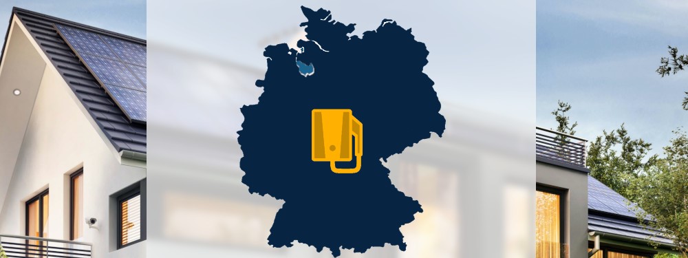 Wallbox Icon mit Deutschlandkarte, Bremen und einem Haus im Hintergrund