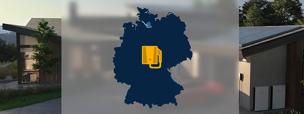 Wallbox Icon und Deutschlandkarte mit Hamburg und Garage im Hintergrund