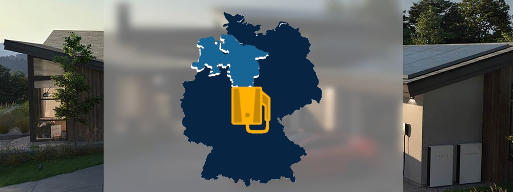 Wallbox Icon und Deutschlandkarte mit Niedersachsen und Garage im Hintergrund