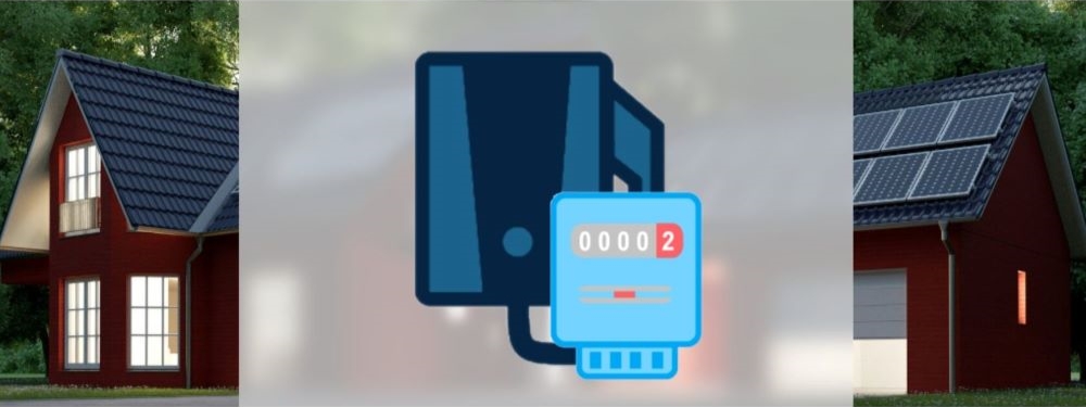 Wallbox mit Stromzähler und Haus im Hintergrund