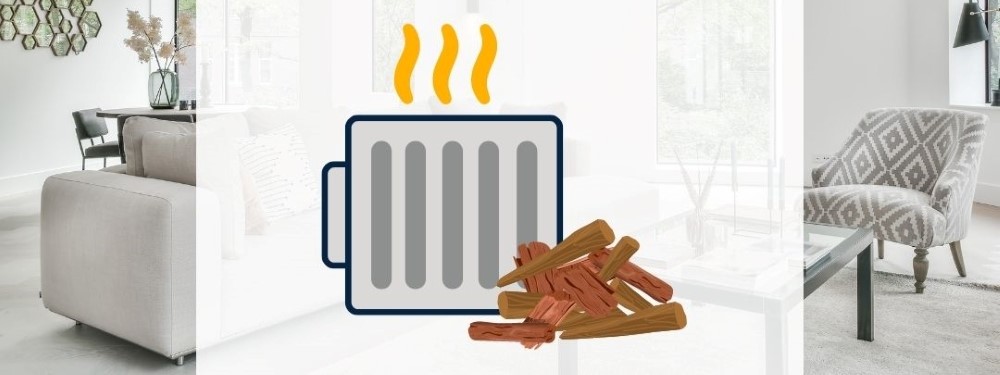 Hackschnitzel Icon mit Wohnzimmer im Hintergrund