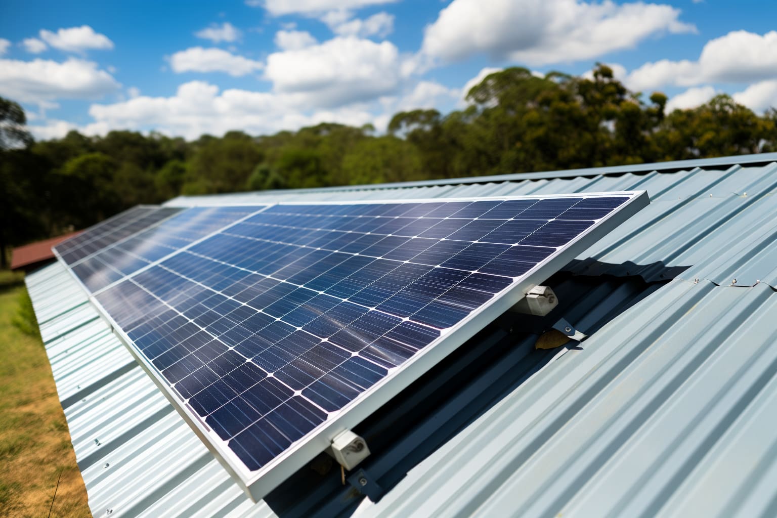 Foto von Phtovoltaikmodulen auf einem Trapezblechdach.