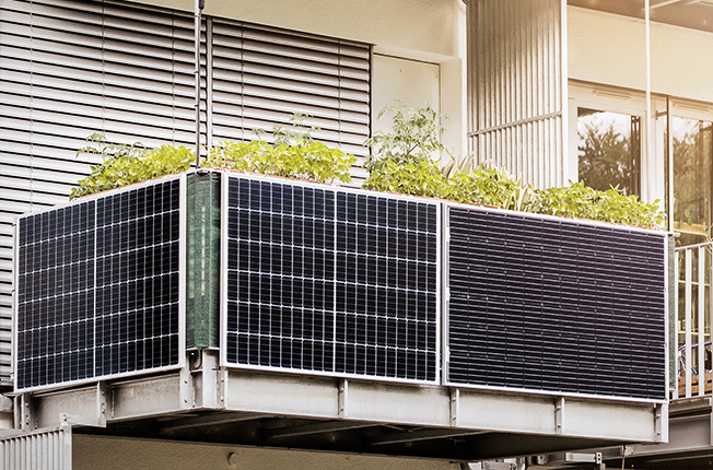 Photovoltaikmodule flach an der Balkonseite angebracht.