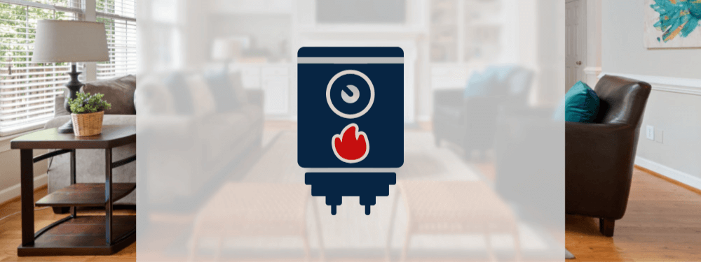 Icon einer Pelletheizung mit Wohnzimmer im Hintergrund