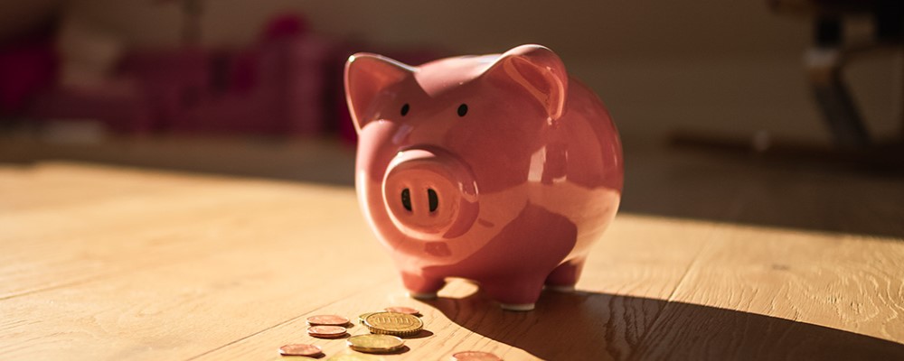 Bild eines Sparschweins. Vor dem Sparschwein liegen Münzen,