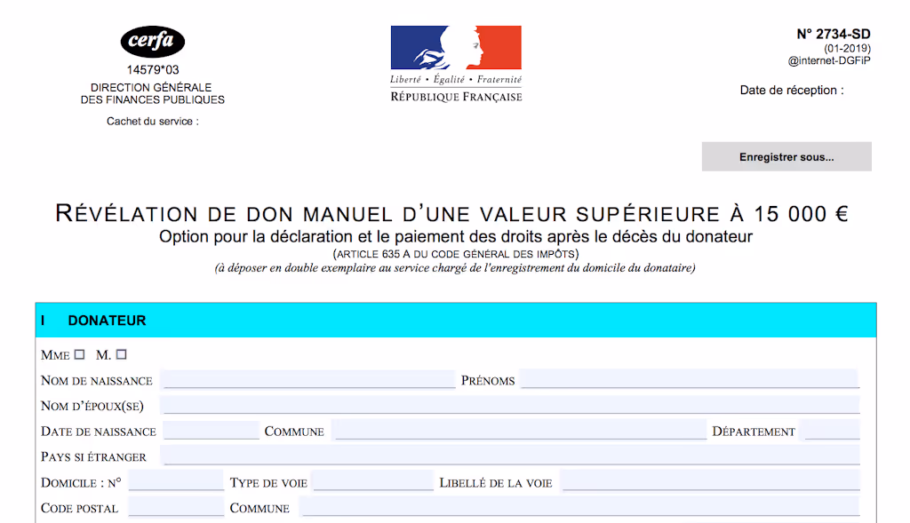 révélation de don manuel d'une valeur supérieure à 15 000 euros
