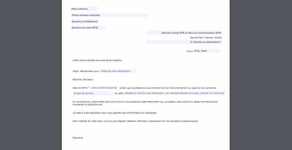 lettre de réclamation SFR