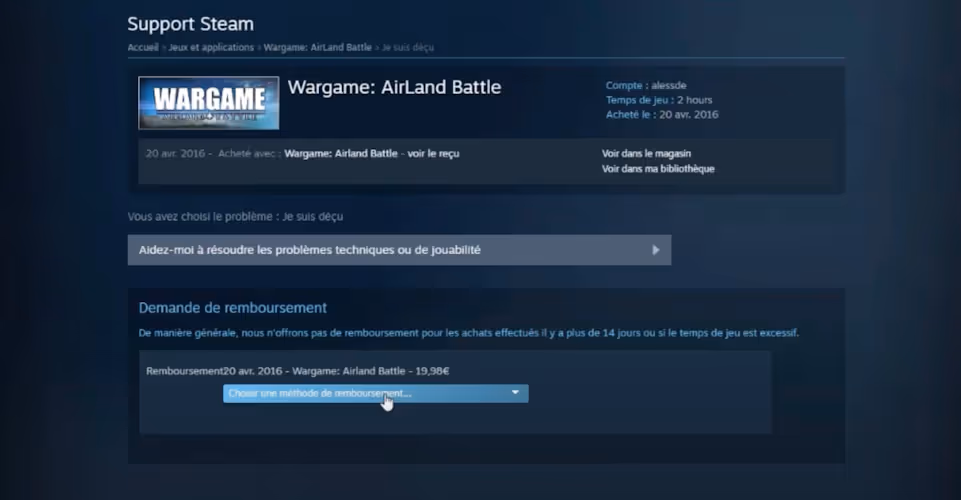 moyen de remboursement jeu steam