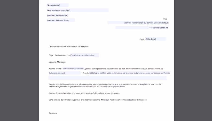 lettre réclamation free