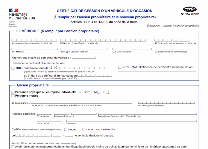 une capture écran du certificat de cession d'un véhicule d'occassion