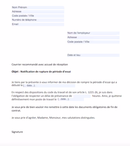 L'image répresente un modèle de lettre de notification de rupture de période d'essai.