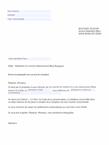 modèle de lettre de résiliation Bouygues Bbox