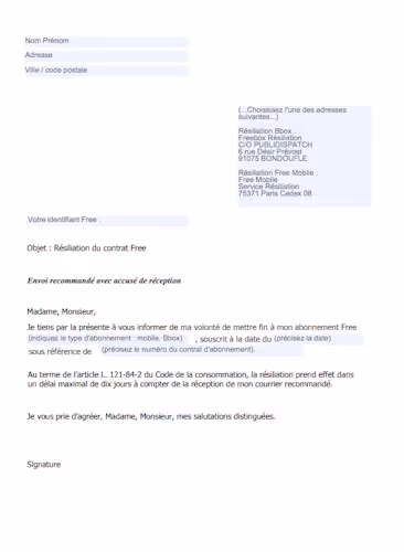 modèle de lettre de résiliation Free 2020
