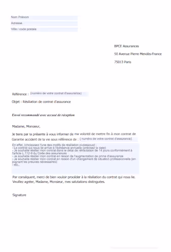 modèle de lettre de résiliation d'un contrat d'assurance BPCE