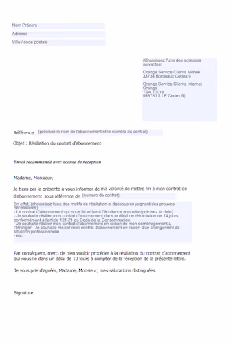 modèle de lettre de résiliation d'abonnement orange