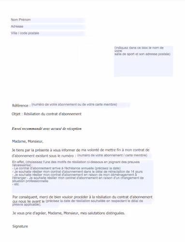 modèle de lettre de résiliation d'abonnement en salle de sport
