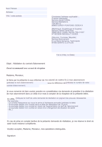 lettre de résiliation d'abonnement Canal Plus