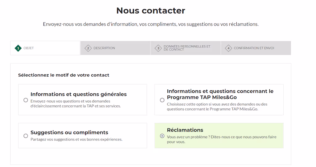 Cette image représente le formulaire de réclamation TAP Portugal