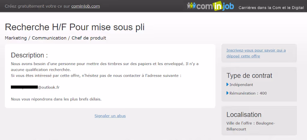 L'image représente une tentative d'arnaque par offre d'emploi de mise sous pli à domicile.