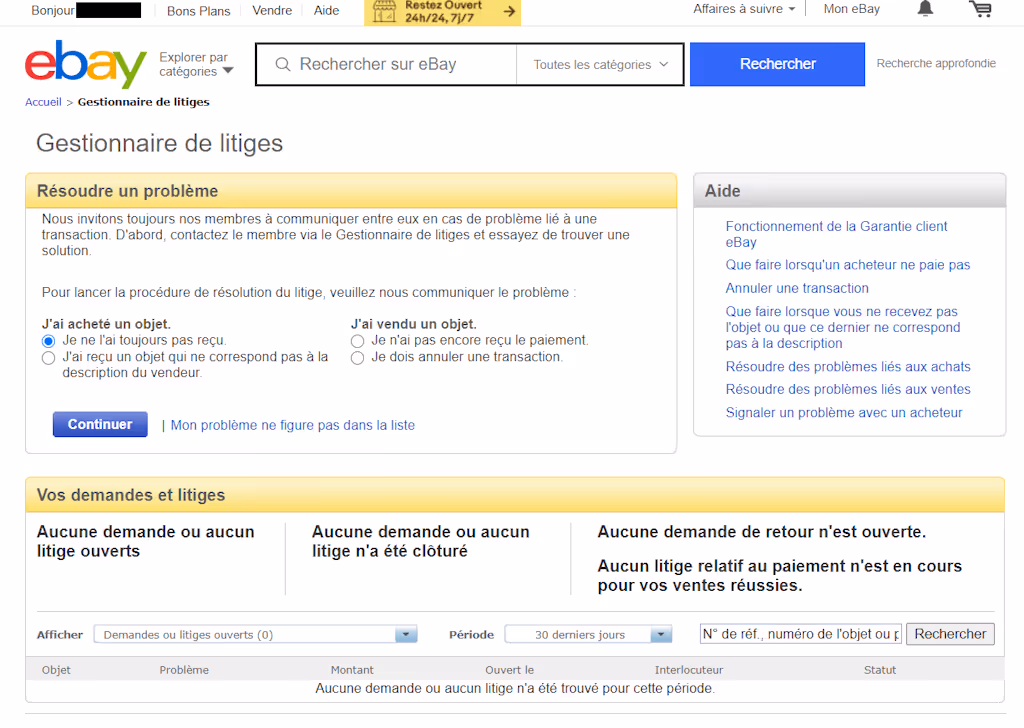 L'image représente le formulaire de litige eBay.