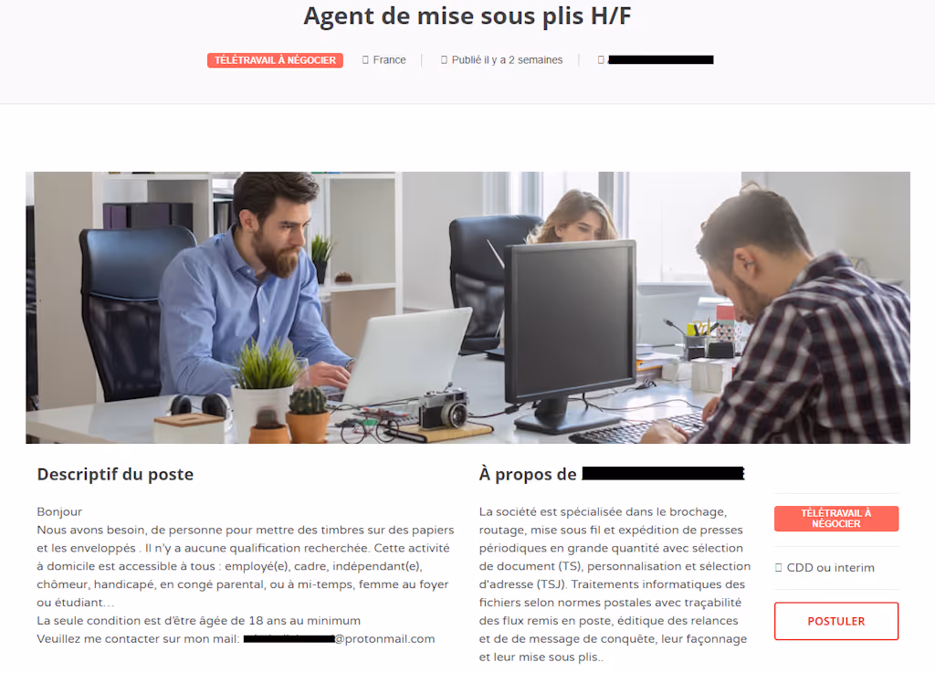L'image représente une offre d'emploi à domicile frauduleuse.