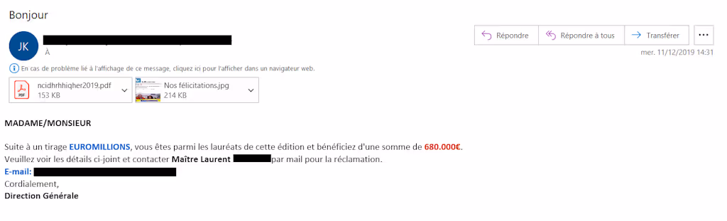 L'image représente un exemple d'escroquerie à la loterie.