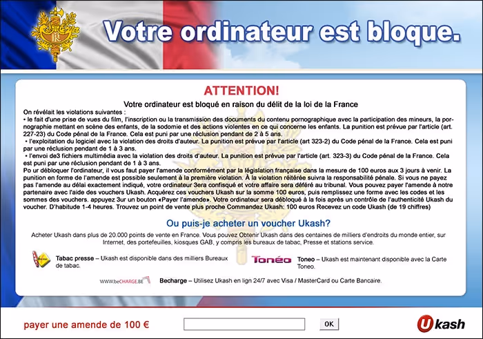 L'image représente une arnaque sur internet qui bloque le disque dur contre une rançon.