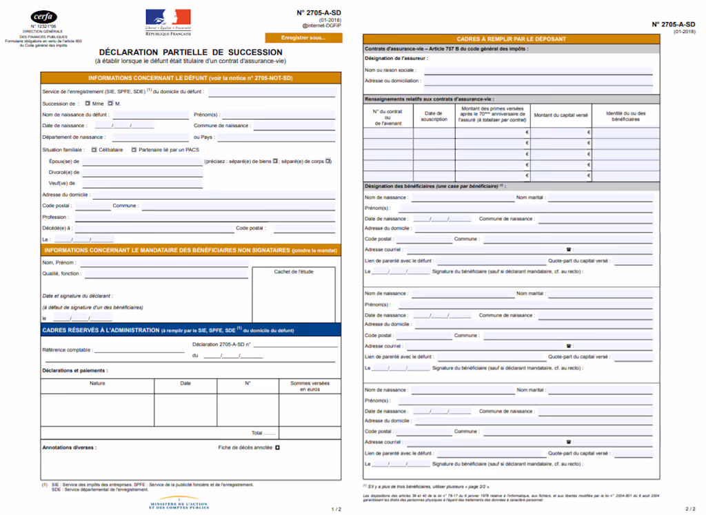L'image représente le formulaire de déclaration partielle de succession.