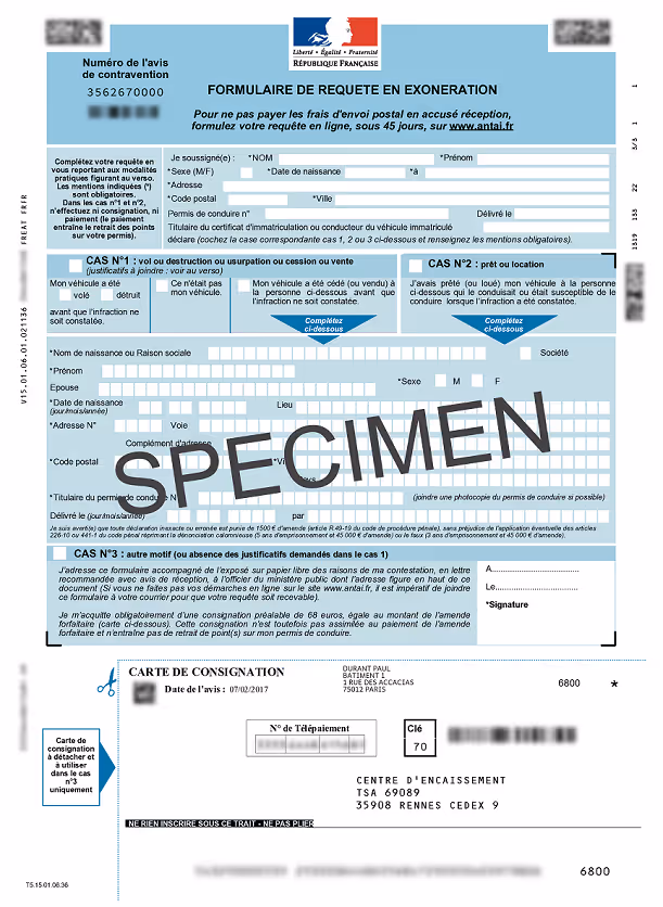 L'image représente la requête en exonération qui doit être jointe à certaines contestation d'amendes liées aux infractions au Code de la Route.
