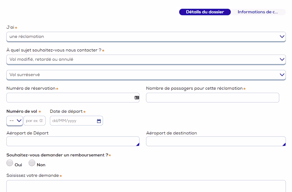 Cette image représente le formulaire de réclamation Transavia pour vol surréservé, qui permet aux personnes victimes de surbooking d'obtenir une indemnisation.
