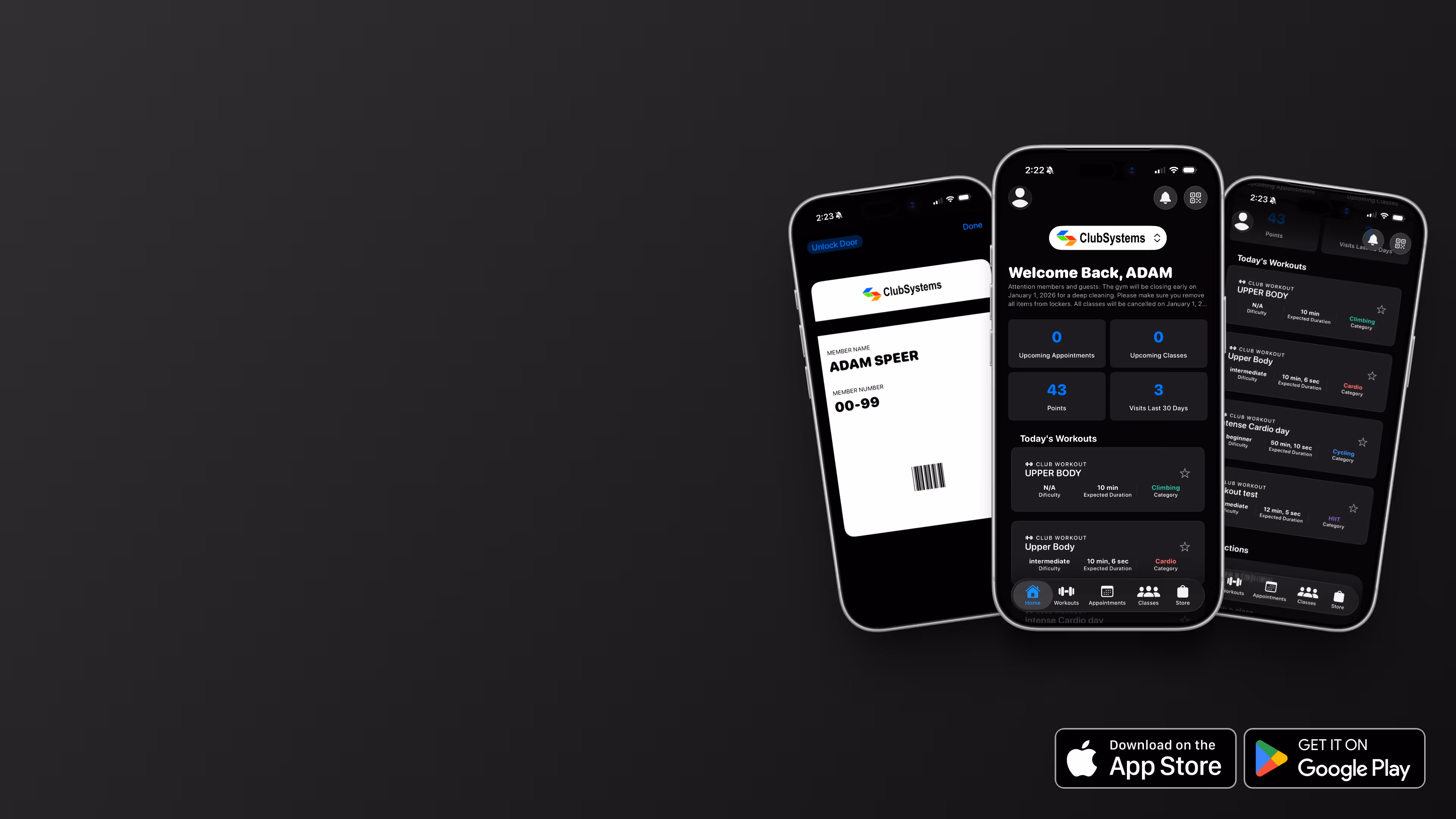 Three smartphone screens showing a ClubSystems gym app