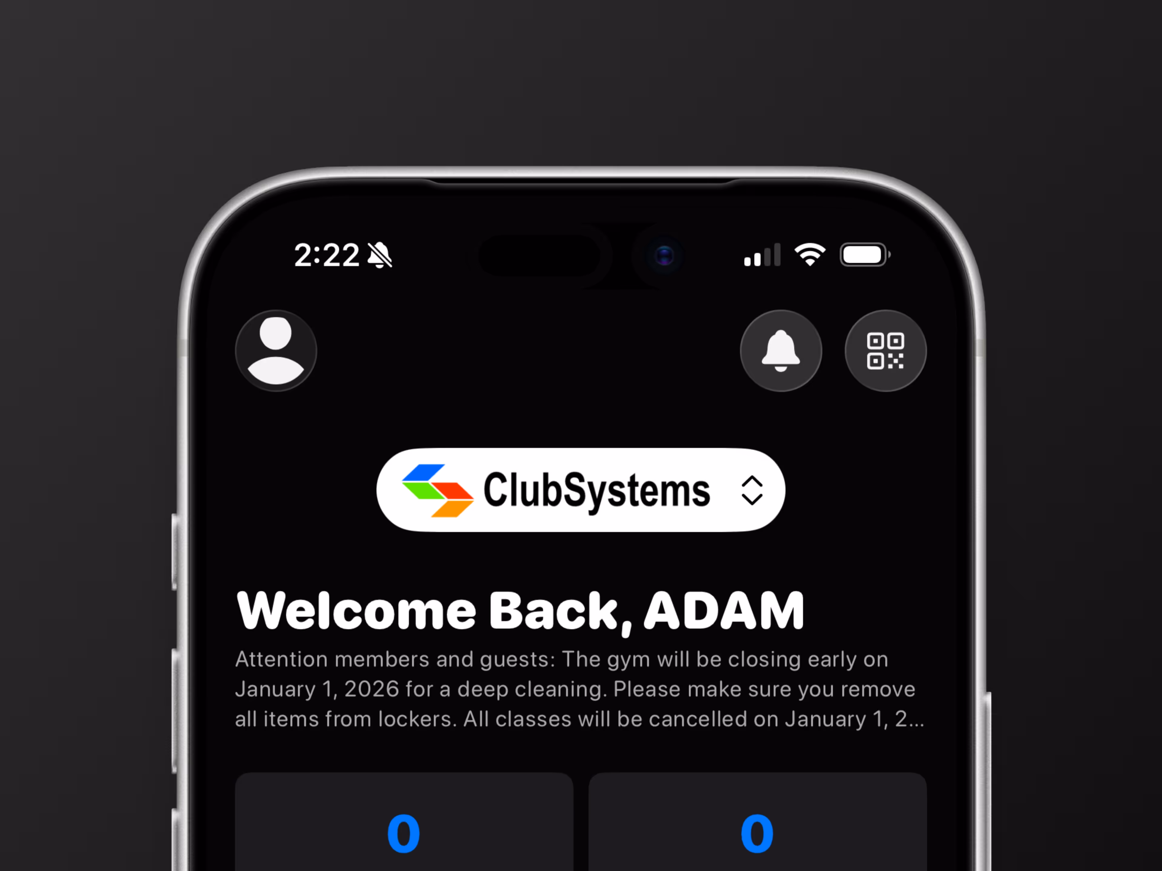 Mobile app screen from ClubSystems welcoming user Adam