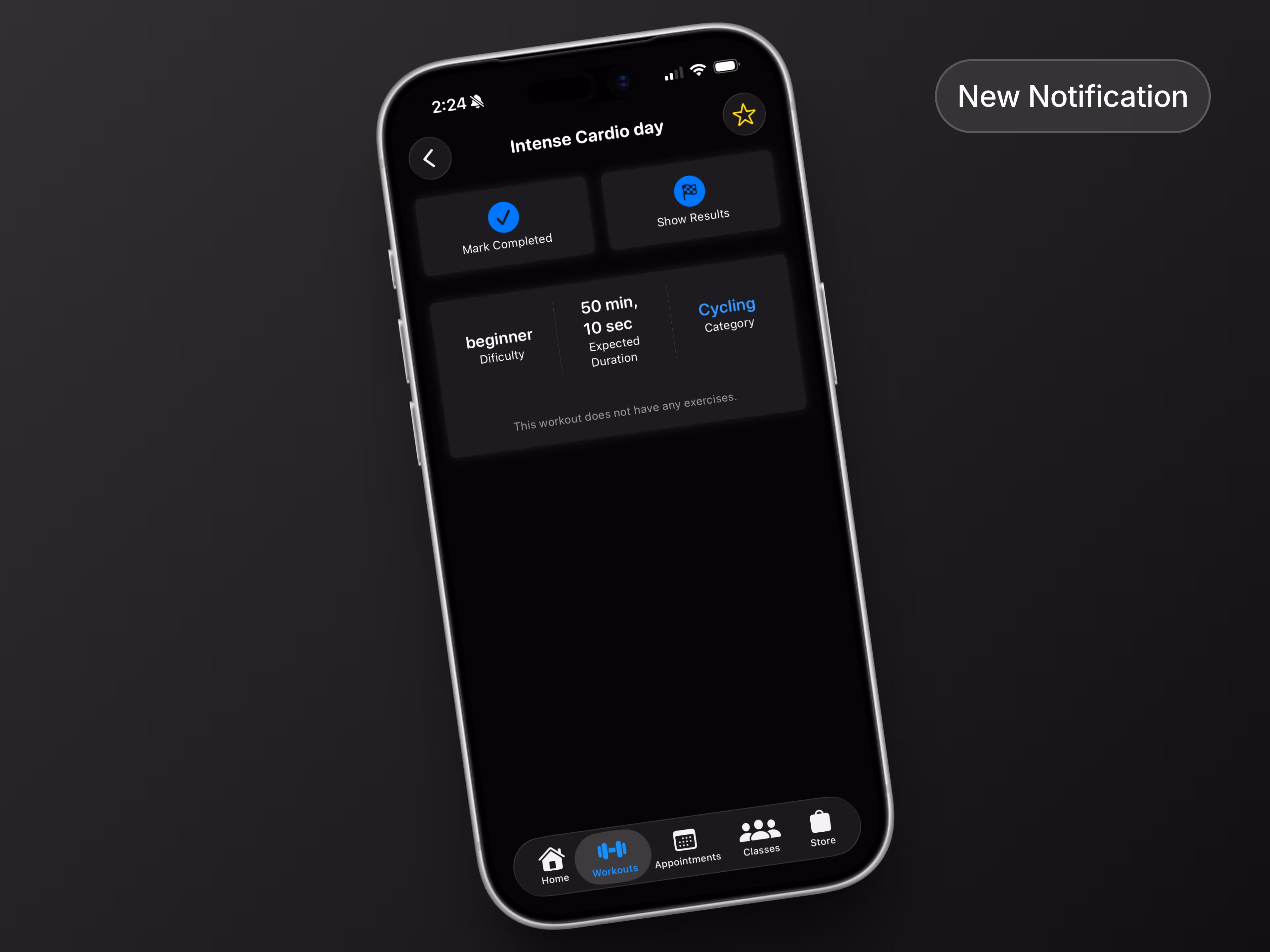 Smartphone screen showing Intense Cardio day workout details with options to mark completed or show results