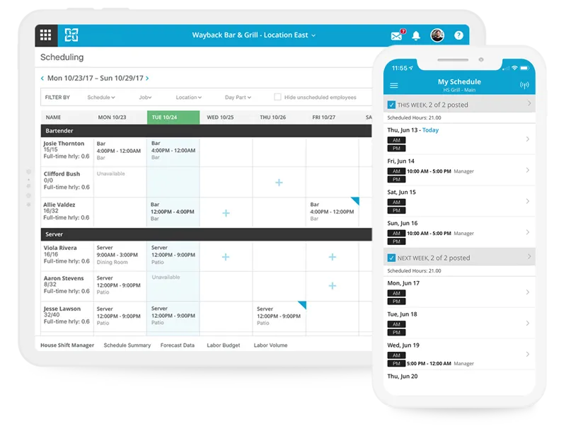 Overlapping screenshots of the HotSchedules dashboard on tablet and mobile.