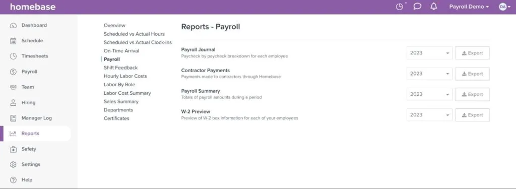 A screenshot of the payroll feature on Homebase.