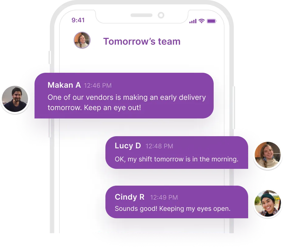 An image of Homebase's built-in messaging tool on mobile, which shows an employee sending messages to team members on the go.