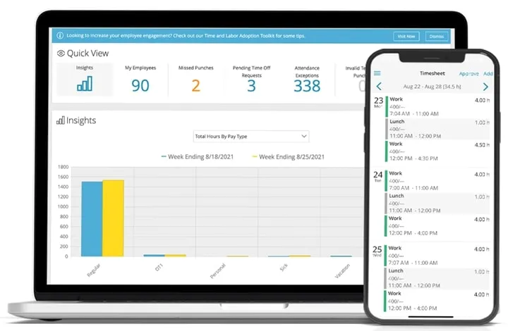A view of the Paylocity tool on a laptop and a smartphone.