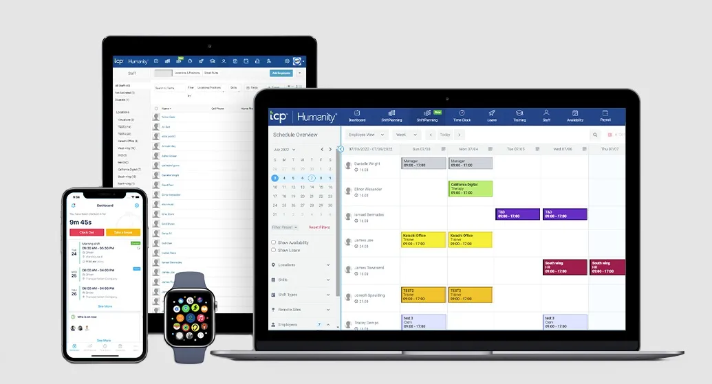 A view of the Humanity platform on a desktop, tablet, phone, and smartwatch.