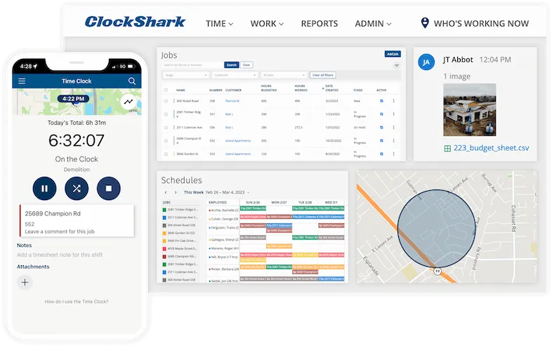 The mobile and desktop versions of the software displaying the timesheets, schedules and time clock.