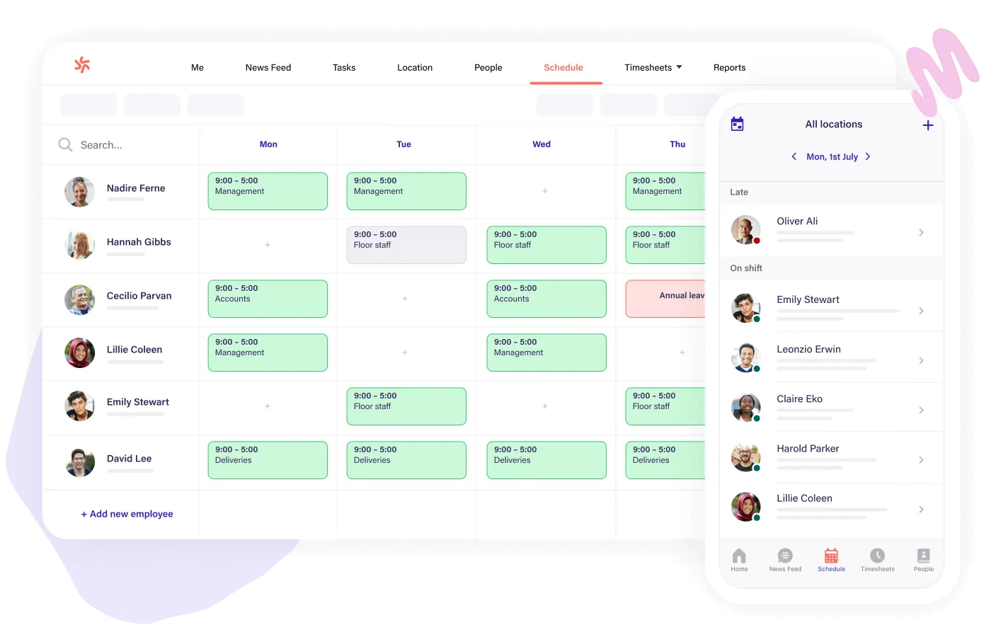 The Deputy schedule webpage showing the schedules of various employees.