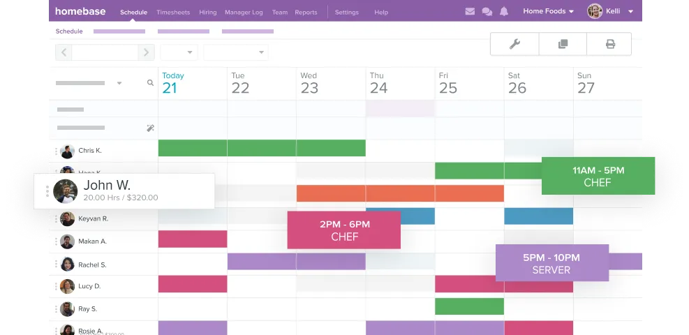 The Homebase employee scheduler webpage displays the schedules of various employees over the course of a week.
