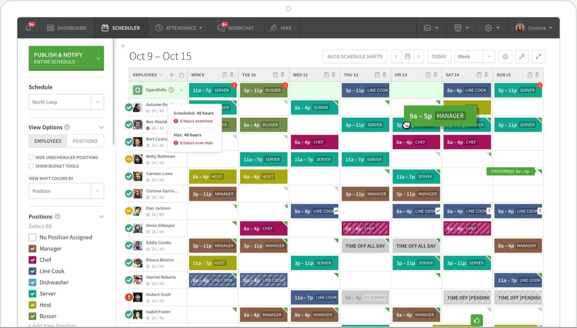 When I Work desktop version displaying a list of employees and their weekly schedules.