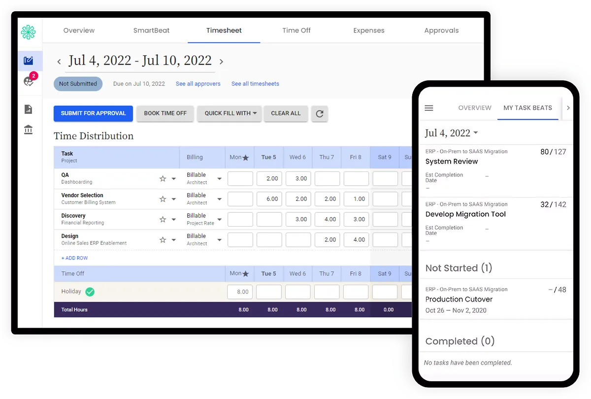The timesheet page on the desktop and mobile versions of the software showing the worked done by an employee.