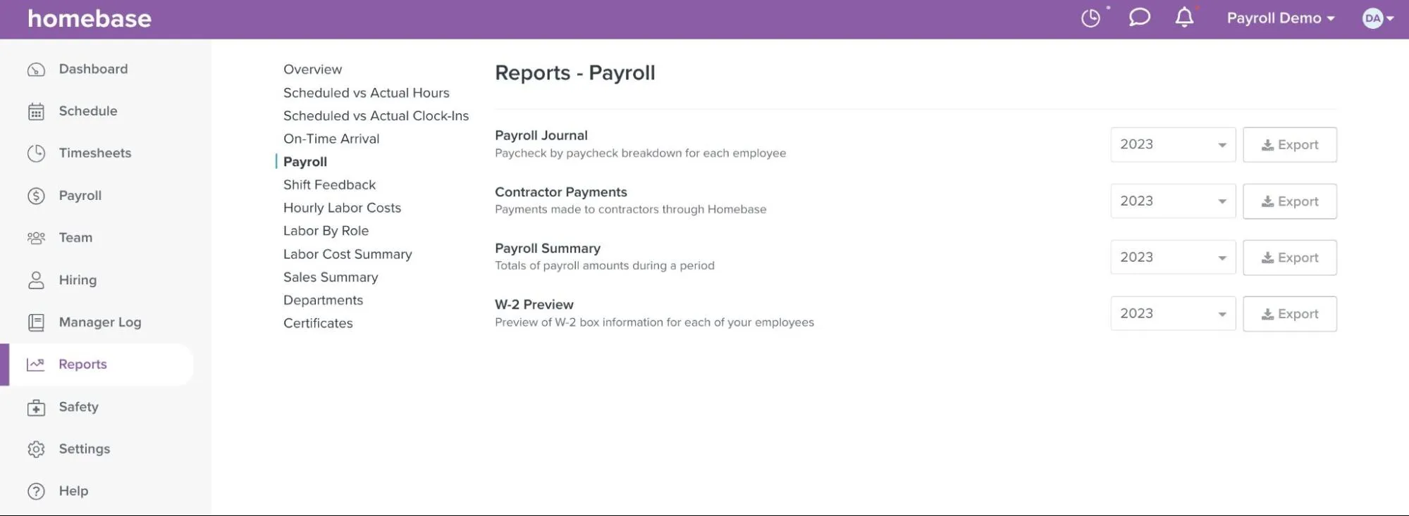 A screenshot of Homebase's payroll dashboard.
